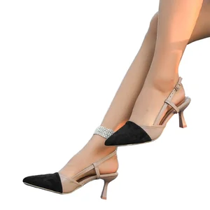 8558 Classic Color-blocked Pointed Toe Heeled Sandals for Lady Business Summer Breathable PU Factory Direct Sales