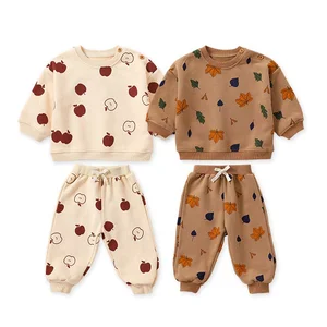 New Fashion Kids Hoodie Set French Terry Print Fleece Baby Outfit Warm Outdoor Baby Clothing Sets