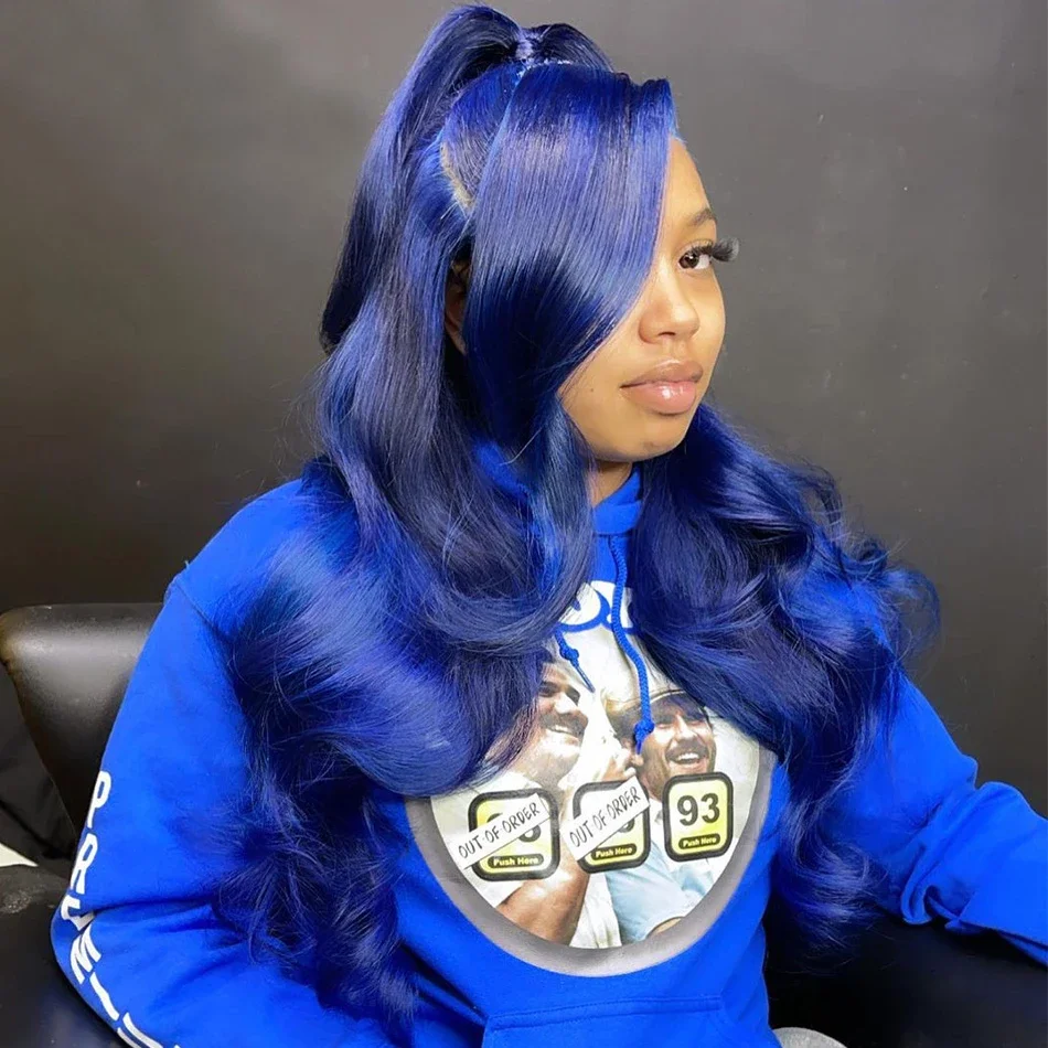 Blau gefärbte 13 x 4 transparente Lace Front Perücke Body Wave Echthaar Perücken für Frauen_voghion.com