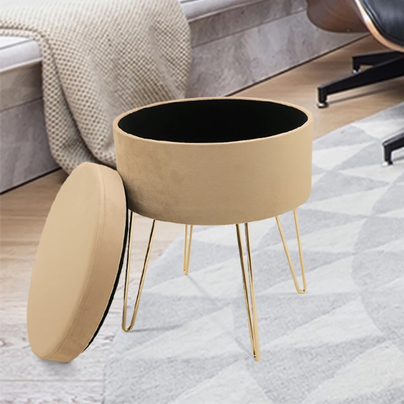 Customized Upholstered Vanity Footstool Dressing Chair Space Saving Round Velvet Footrest Stool Ottoman With Golden Metal Leg
