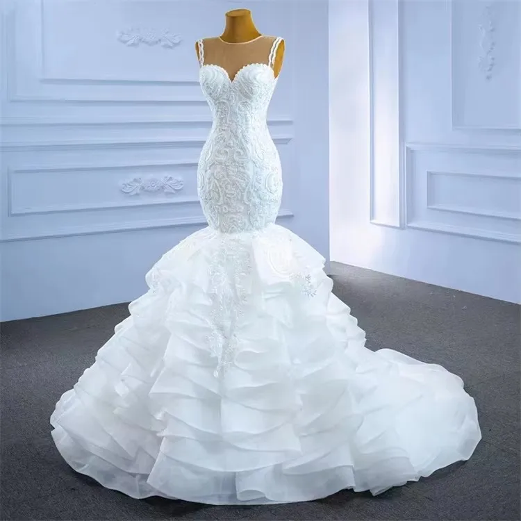 2024 Customize African Sleeveless Round Neck Mermaid Wedding Bridal Dresses Ruffle Fish Tail Wedding Dress Bridal Ball Gown