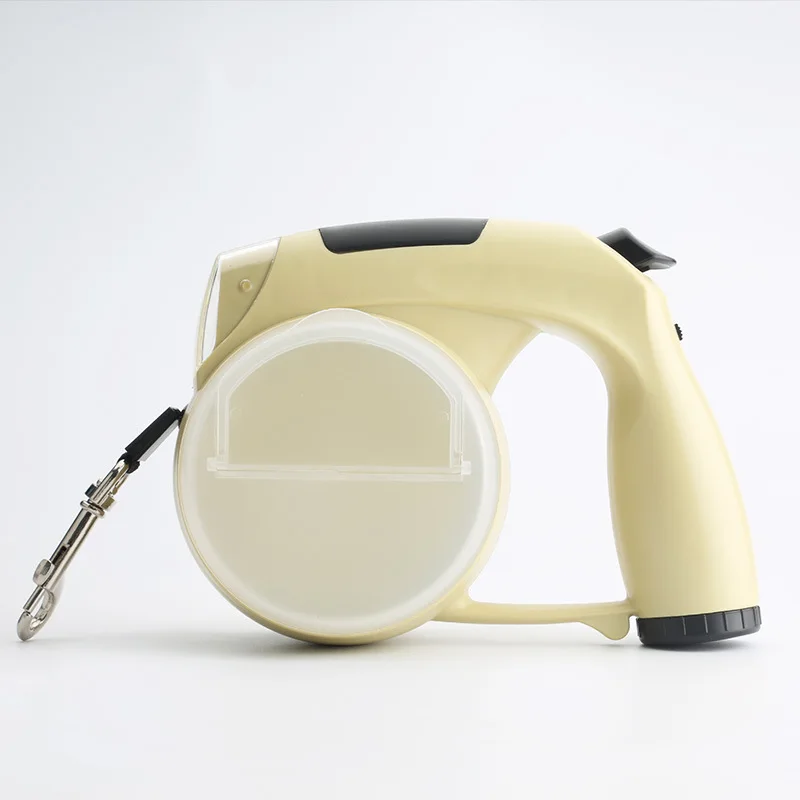 Automatic Multi-Functional LED Retractable Dog Leash Poop Bag Dispenser Flash Light Storage Bowl Leather Material Printed