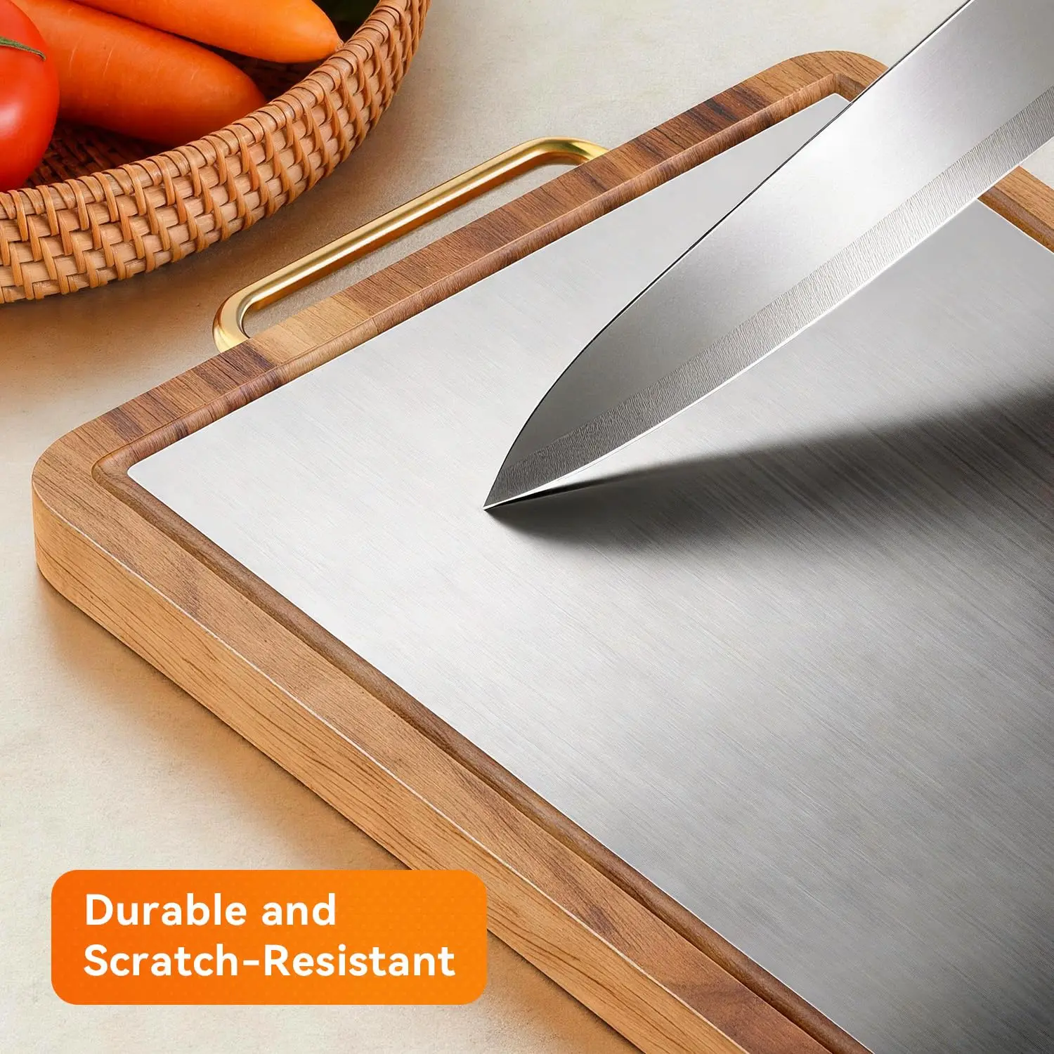 product custom double sided acacia wood cutting board with stainless steel kitchen chopping block with juice groove handle-6