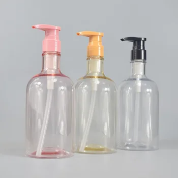 Wholesale 600ml large capacity long neck round bottle clear pink shampoo shower gel packaging bottle