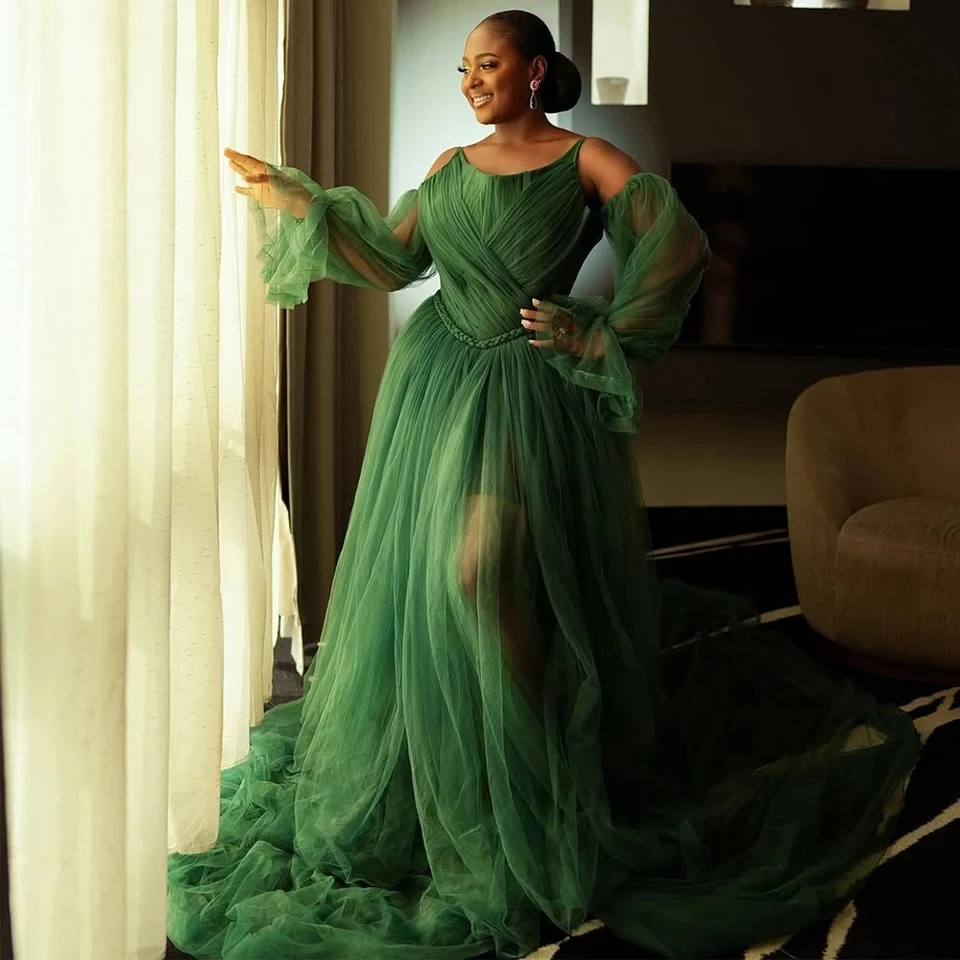Green Wedding Dresses for Bride Spaghetti off Shoulder Long Sleeve Tulle Bridal Shower Dress to Be Robe Customized