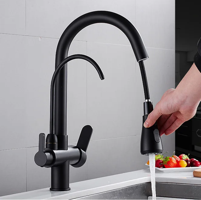 Water Filter Faucet Pull Out  3 Ways Filter Spray 1 Hole 2 Handle Kitchen Faucet Tap Mixer Matte Black