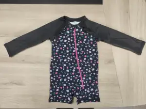 Girls Long Sleeve One-Piece Swimsuit, Black Floral Print, Front Zipper Back Cutout, UV Protection Beach Swimwear