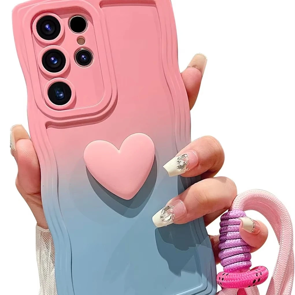 For Samsung Galaxy S24 Ultra Gradient Wavy Case with Wrist Strap Lanyard Cute Love Heart Design Soft Silicone Cover