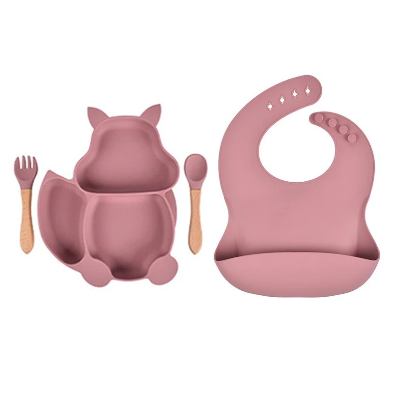 Animal Shape Strong Suction Silicone Plate Spoon Fork Bib Set Feeding Bib Baby Silicone Tableware