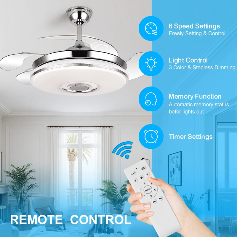 2034S 42Inch Modern Retractable Ceiling Fans with Light Speaker Music Player Chandelier 3 Colors Invisible Blades Remote Control