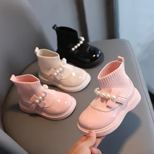 Girls Spring Autumn New Korean Style PU Leather Soft Soled Anti Slip Boots Kids School Pearl Princess Shoes