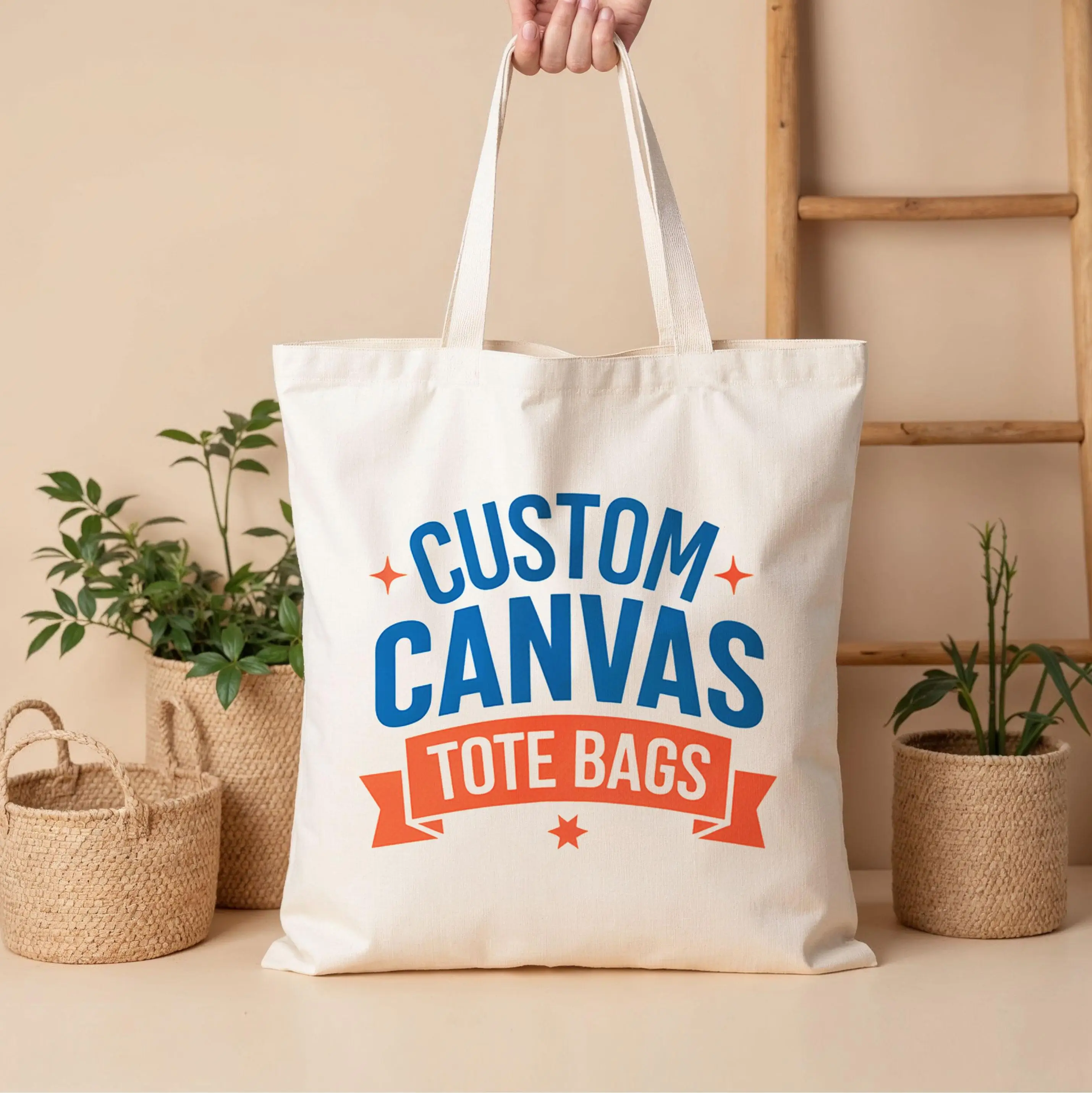 Custom Beige Cotton Canvas Shoulder Tote Bag with Logo Printing Dust Proof and Semi Natural for Shopping