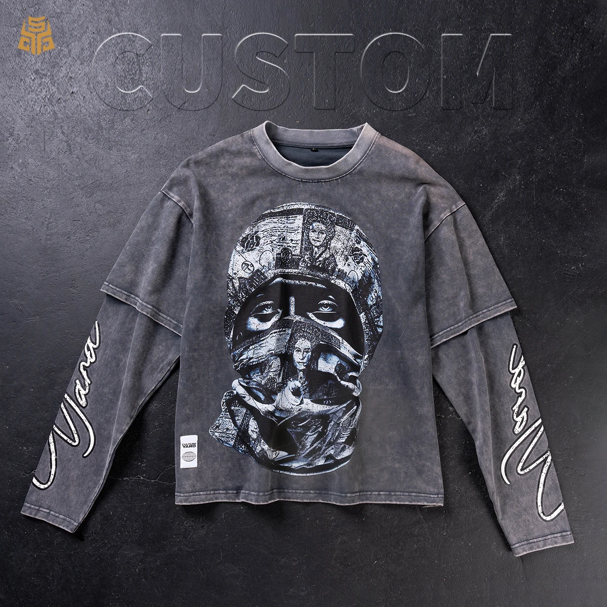 Men's Heavyweight Vintage Acid Wash 100% Cotton Fake-two-piece Long-sleeved T-shirt Streetwear Oversized Digital Printing Design