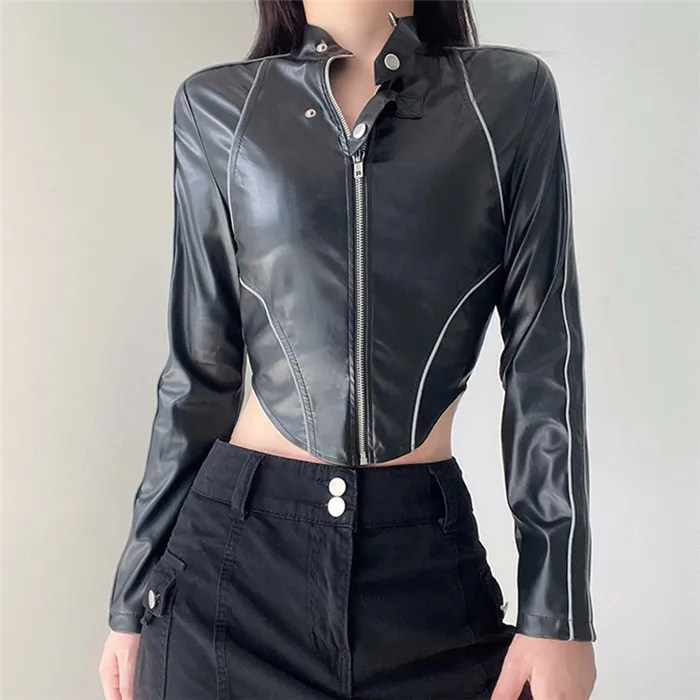 Fashion Sexy Leather Jacket With Vertical Collar And Irregular Hem