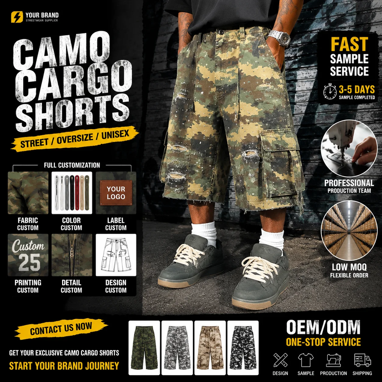 High Quality Custom Men's Loose Camouflage Pearl Cargo Shorts Durable Wide Leg Denim Sweat Run Vintage Straight Casual Jeans