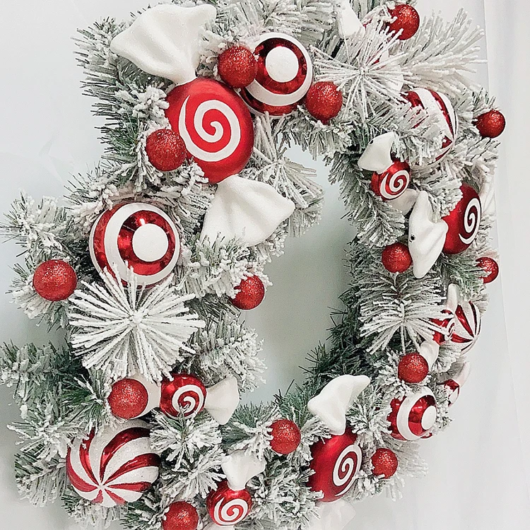 24 дюйма Белый Стекались орнамент конфеты Рождественский венок для передней двери фестиваль внутренней отделки Красный Белый тема конфеты