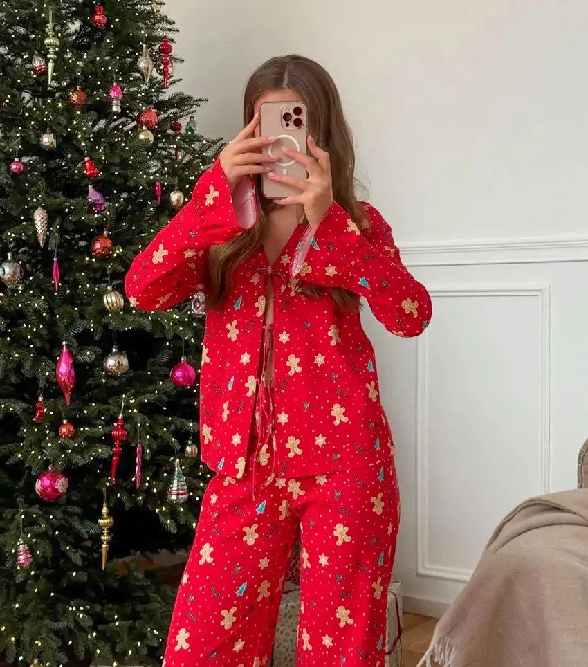 Christmas Print Pajama Set Soft Polyester Spandex Lace-Up Long Sleeve Shirt Wide Leg Pants Casual Lounge Sleepwear — detail