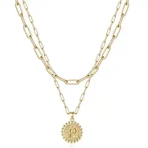 Heart-Shaped Christian Initial Letter Pendant Necklace Gold Plated Link Chain Stainless Steel 6pcs Set