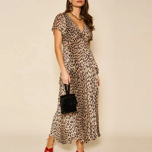 Factory Hot Selling Summer Short Sleeve Chiffon Dresses  v Neck Women Ruffled Detail Leopard Printed Elegant Midi Dress