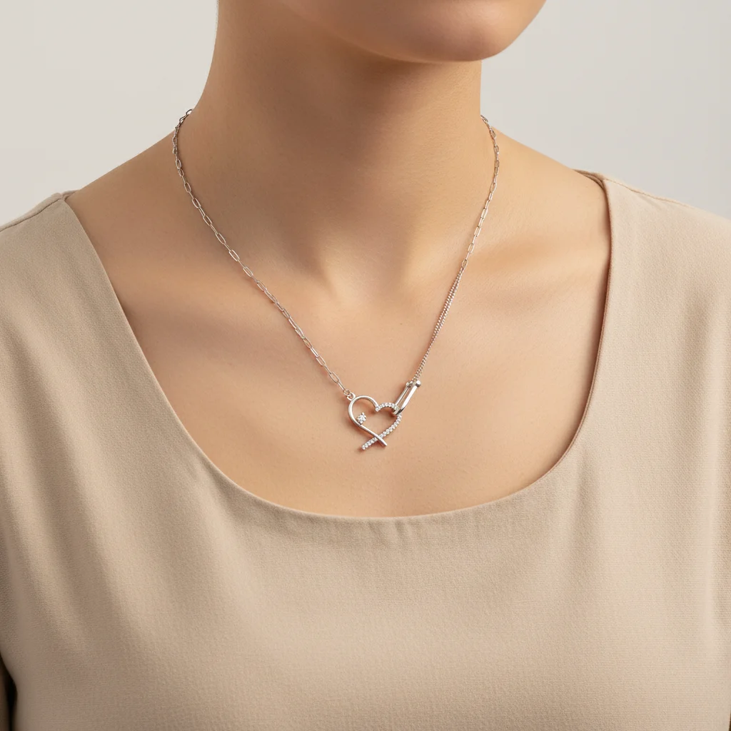 Zircon Heart Horseshoe Necklace - 925 Sterling Silver