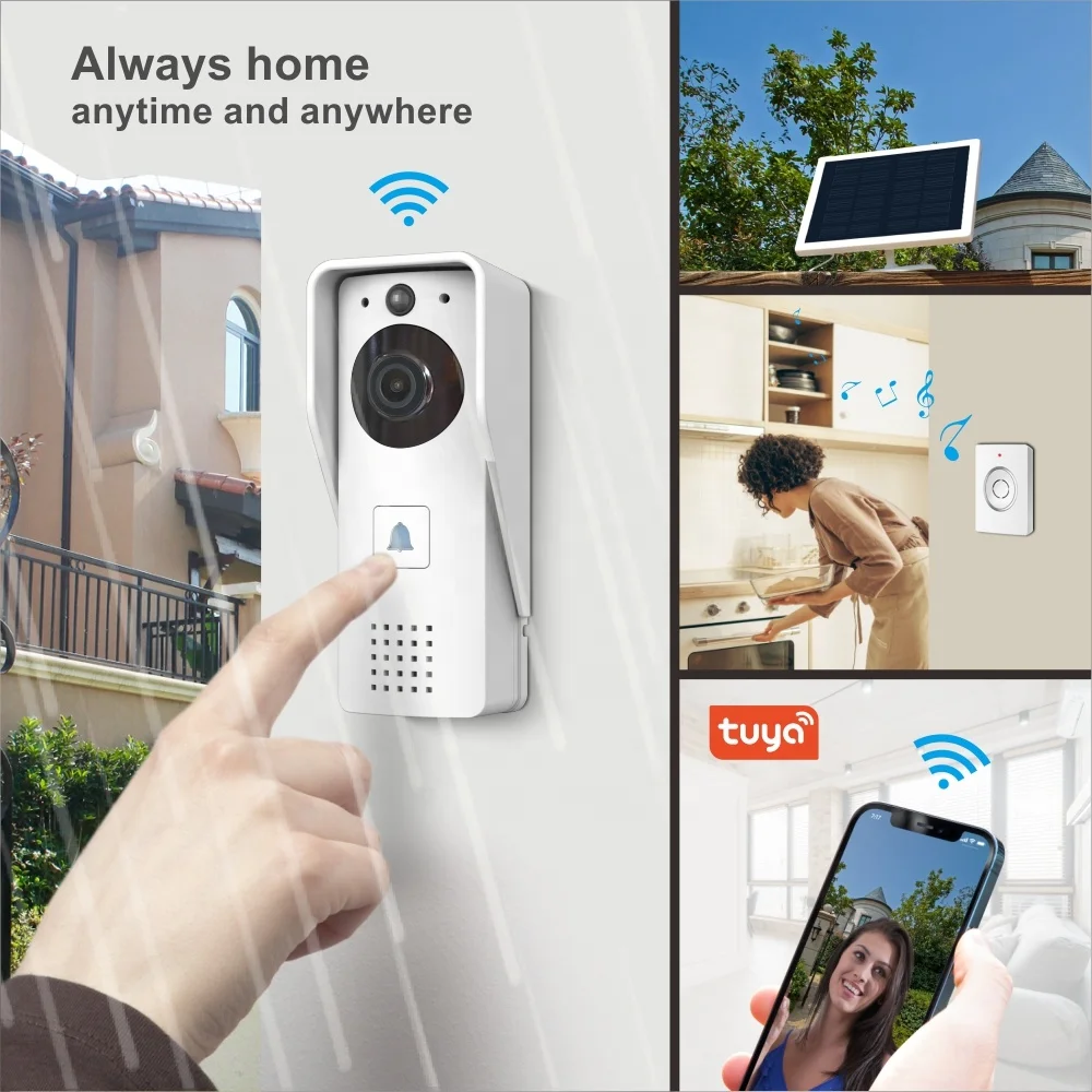 Горячая продажа tuya видео-телефон двери наружное кольцо дверной звонок беспроводной 1080p видео беспроводной дверной звонок камера с солнечной панелью