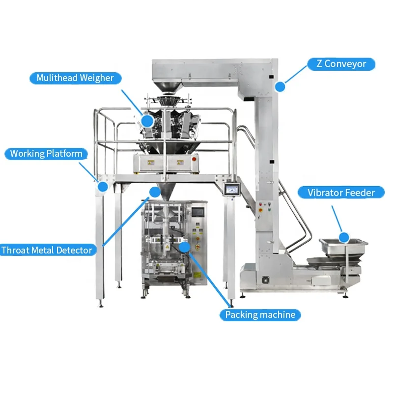 Fully Automatic Bean Nuts Weighing Packaging 10/14 Head Weigher Vffs Rice Packing Machine 1kg 5kg