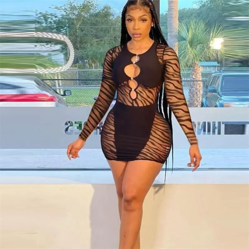 Best Selling Long Sleeve Spring Women Black Mesh See Through Dress Hollow  Out Night Casual Dresses Short for Woman Sexy