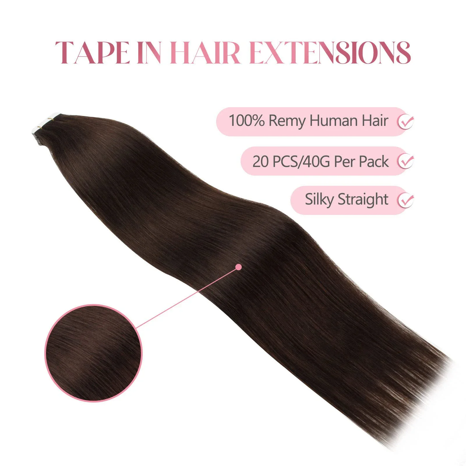 Dunkelbraunes Tape in Echthaar-Extensions, glattes Remy-Menschenhaar, nahtlos, Hautschuss, weiches Haar_voghion.com