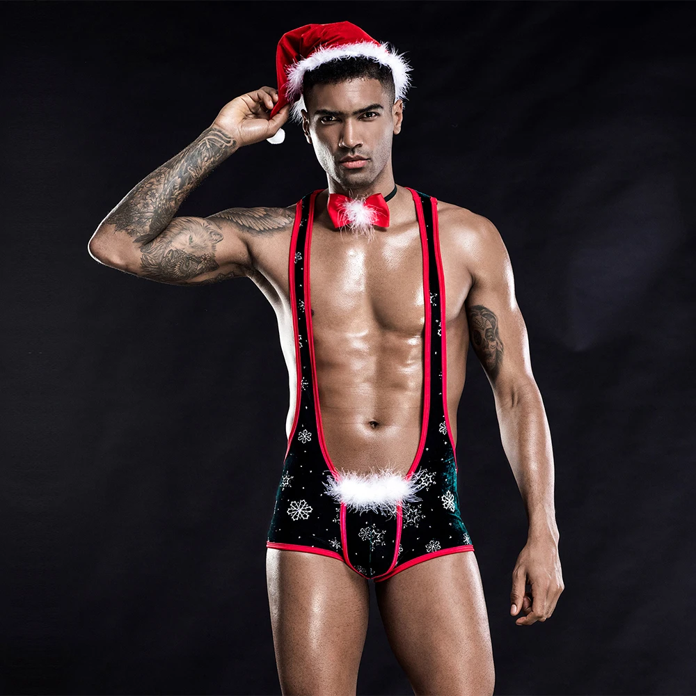 Three Pieces Hot Red Velvet Jumpsuit Sexy Christmas Lingerie for Men Christmas Party Wear
