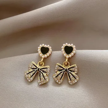 New Gold Plated Tide Love Heart Pearl Bow Drop Earrings Seniors' Elegant Design with Niche Temperament