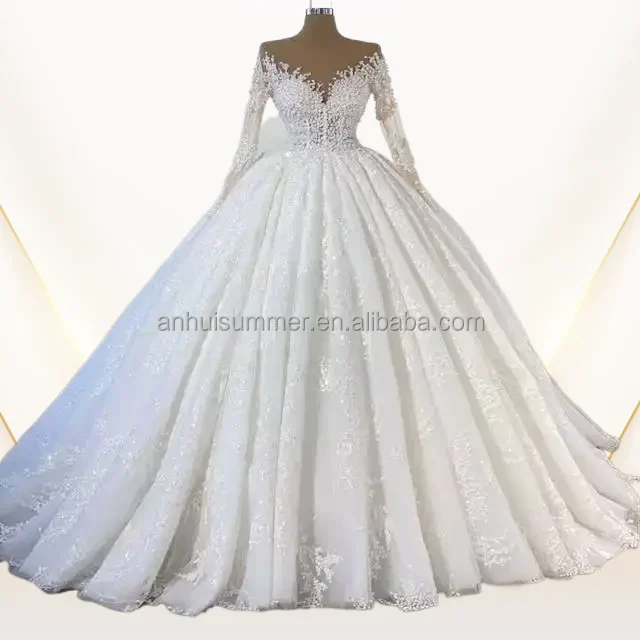 S0479F Drop Shipping New Arrival Luxury Princess Wedding Dress Beaded Pearl  Ball Gown Big Train Bridal Gown