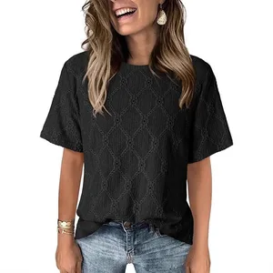 2025 Summer Women's Round Neck Solid Color Casual New Hollow Loose Short Sleeve T-shirt