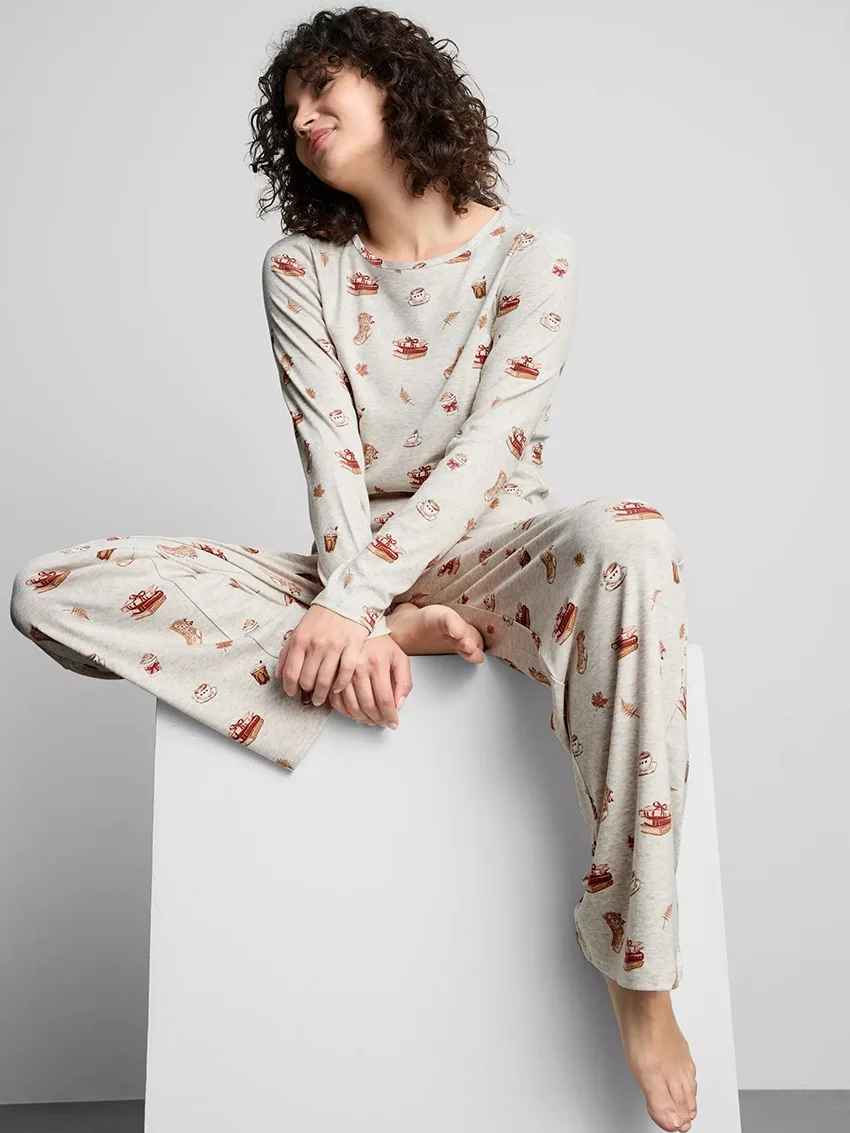 Womens Polyester Spandex Pajama Set Long Sleeve Round Neck Allover Print Lounge Wear Sleepwear Autumn Winter — detail