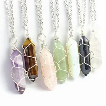 SC Natural Jade Stone Necklace Jewelry Bullet Shape Rose Quartz Necklace Wrapped Wire Hexagon Healing Crystal Necklace 2021