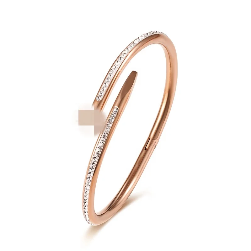 wholesale custom fashion jewelry stainless steel rose gold plated crystal nail design cuff bracelet bangle for women
