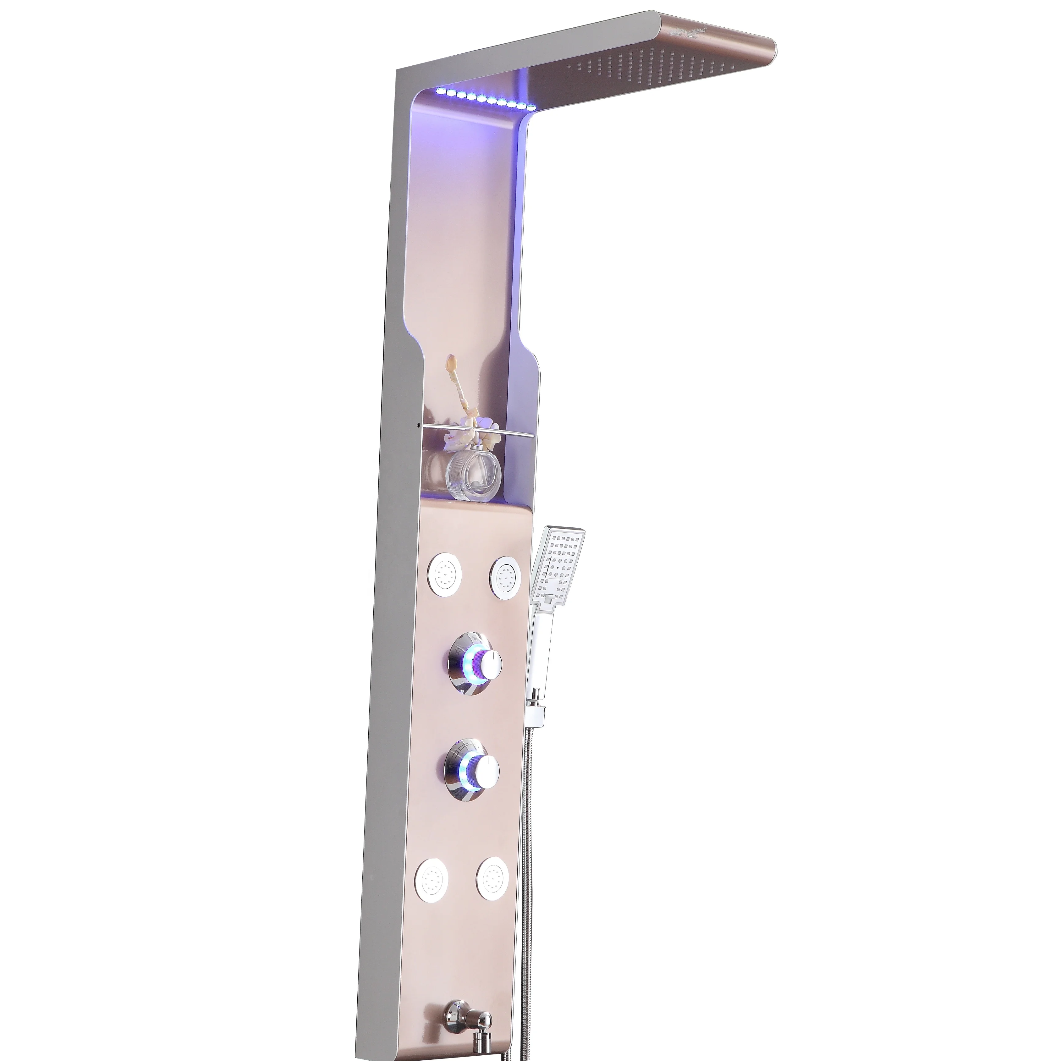 China Hot sale cheap 304 stainless steel massage jets waterfall led light shower columns panels rose pink