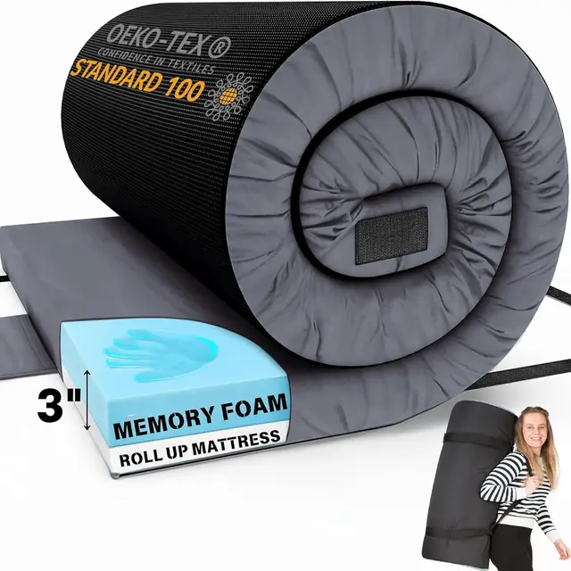 High Quality 3 Inches Travel Sleeping Bed Outdoor Roll up Memory Foam Camping Outdoor  Mattress Pads Topper with Washable Cover