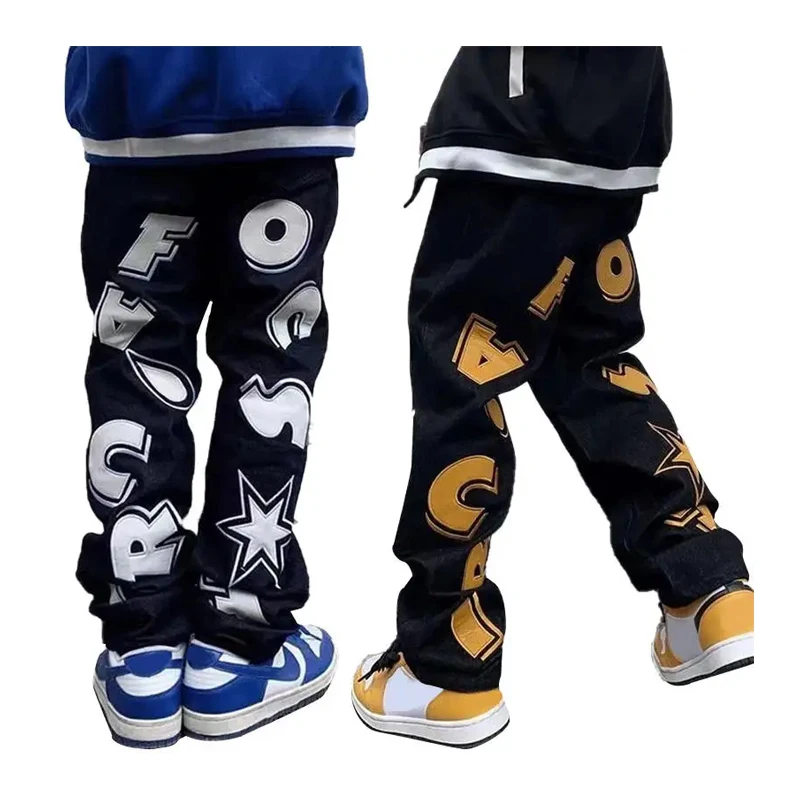 Custom Logo Print Embroidered Letter Pattern Street Personality Loose Large Men's Jeans