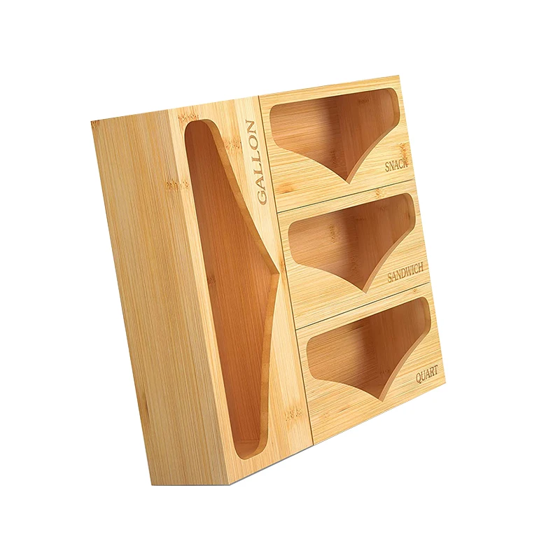 100% Bamboo Kitchen Drawer Food Storage Bag Holder Ziplock Bag Organizer and Dispenser
