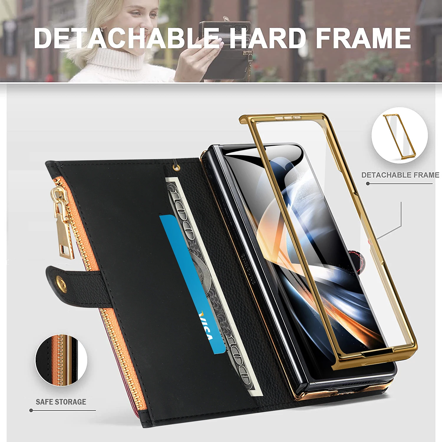 Zipper PU Leather Wallet Card Slots With Pen Solt Stand Case for Samsung Galaxy Z Fold 7 6 5 4 3 Wrist Strap With Tempered Glass