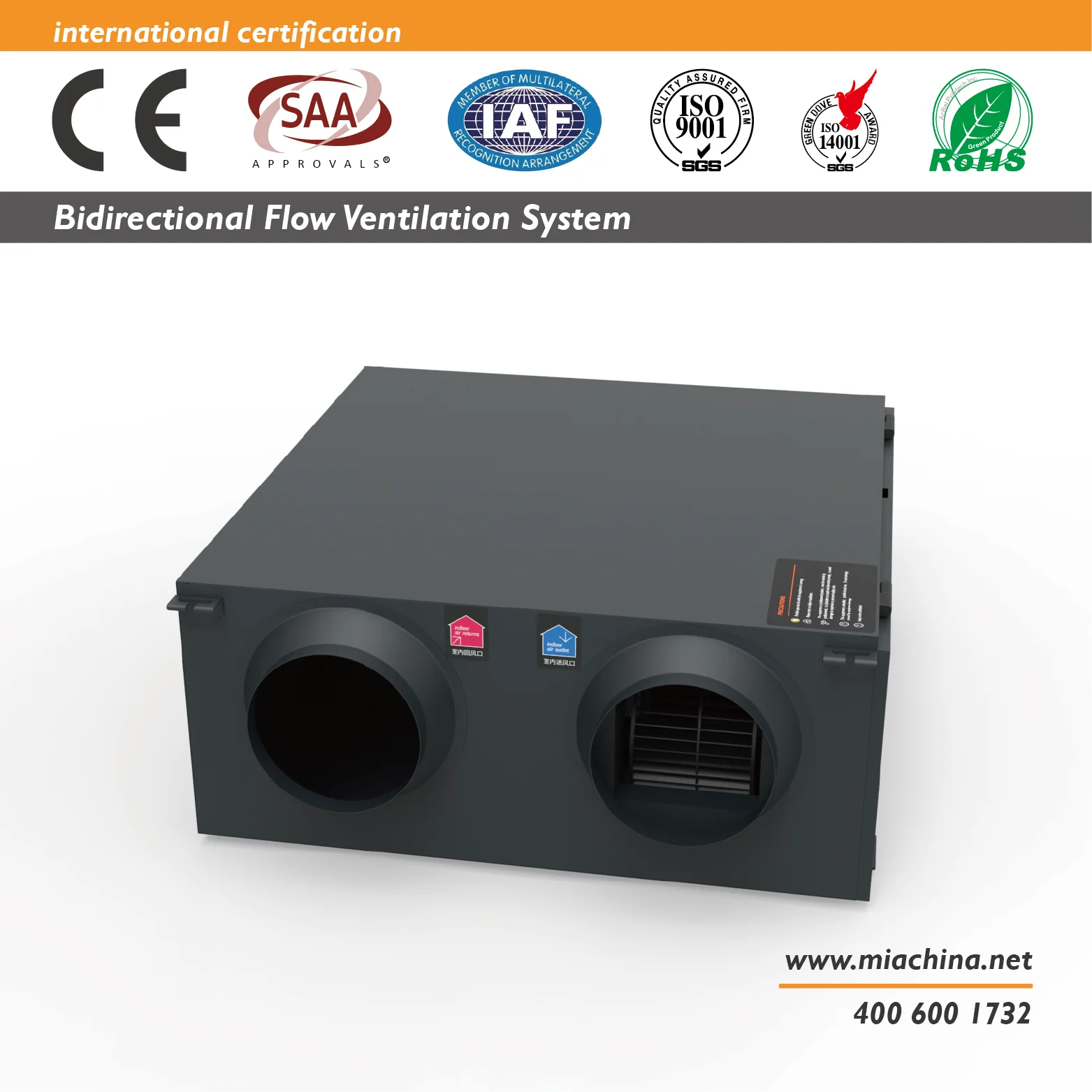 MIA 1000 CMH Central Ceiling Type Bidirectional Flow Fresh Air Ventilation Fan Energy Cost Saving HVAC System air Ventilator