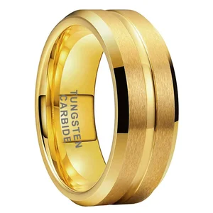 Coolstyle Jewelry 8mm Grooved Beveled Edges Wholesale Gold Plated Tungsten Ring for Men Women Fashion Engagement Wedding Band