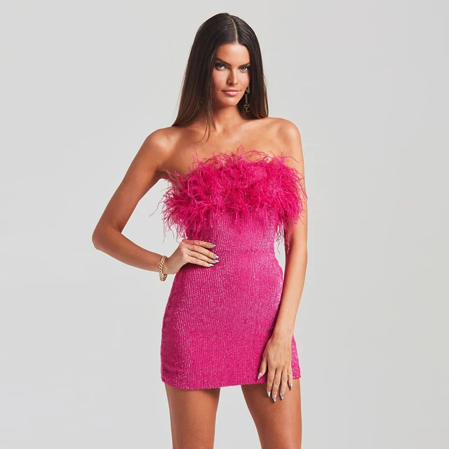 FD2545 Off Shoulder Bodycon Party Pink Mini Dress Sequin Dresses Women Elegant Evening Dress With Feathers