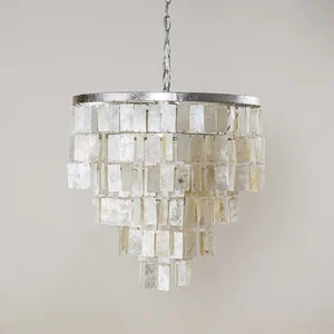 JACKSUN White Natural Sea Shell Iron LED Chandelier Retro E14 Shell Lights 45cm Round Pendant Lamp Living Room Hanging Lights