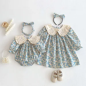 Autumn Newborn Clothes for Kids Casual Blue Flower Dress O-Neck Collar Long Sleeve Romper for Baby Girls 100% Cotton Straight