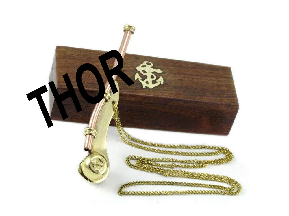 Nautical Maritime Brass Copper Boatswain Whistle Call Pipe With Wooden