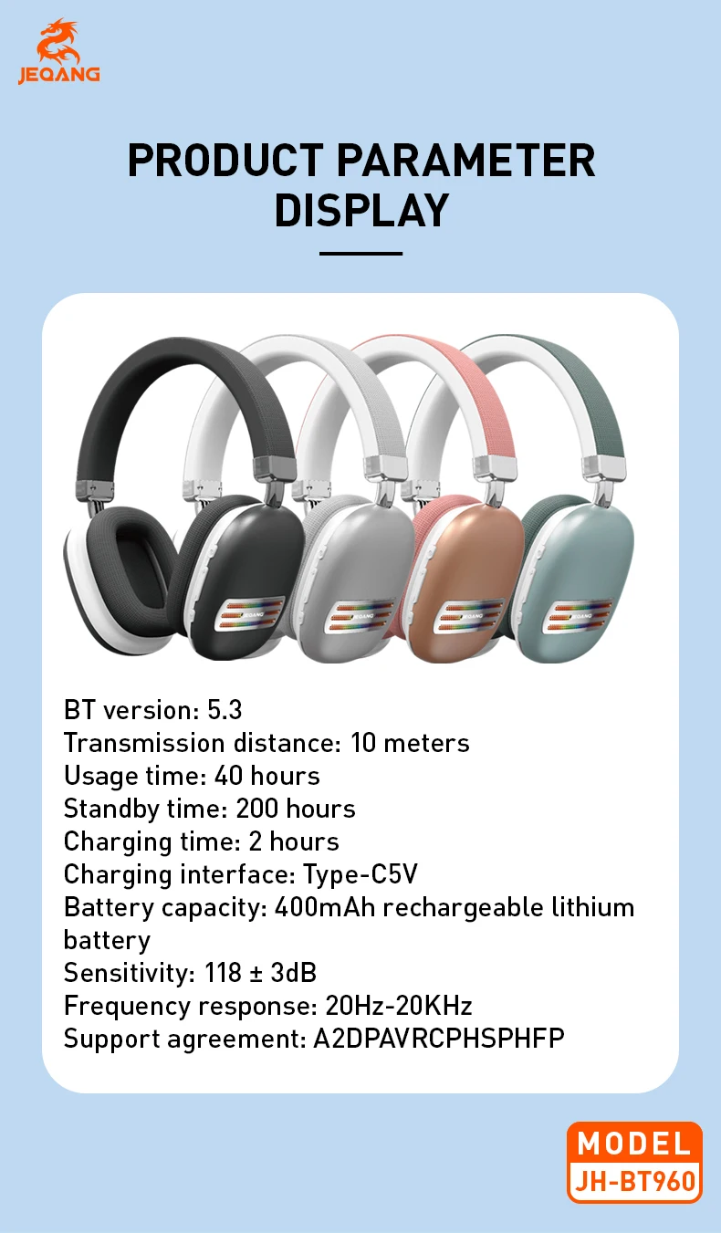 Jeqang-960 True Wireless Stereo BT Headset On-Ear & Over-Ear Dynamic Gaming Headphones with TF FM Support for DJ Sports Travel