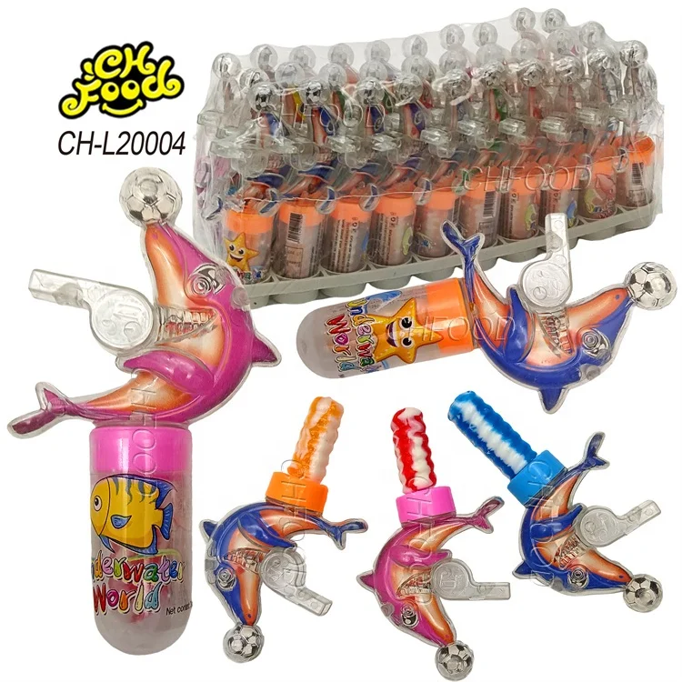 China Supplier Plastic Whistle Football Dolphin Toy with Nipple Shape Hard Candy Lollipop for Kids