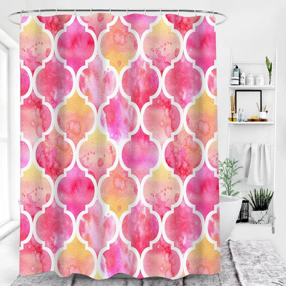 Shower Curtain With 12 Hooks Stylish Geometric Pattern Waterproof Bathroom 