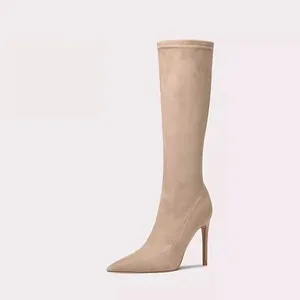 Lily Wei Luxury Designer Custom Womens Pointed Over-the-Knee Ankle Boots with Long Sleeves Elegant Apricot Colored Boots